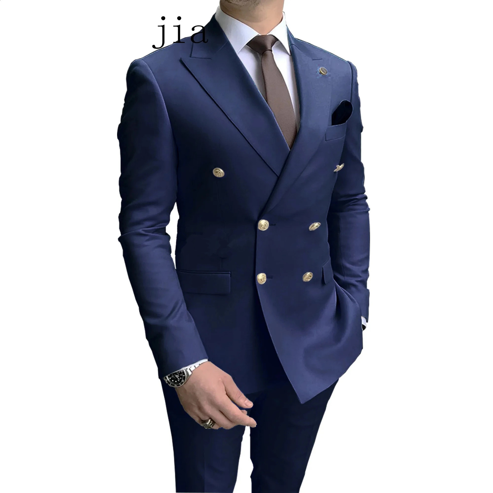 Casual Sky Blue Men Suits Double Brested Lapel Gold Button Groom Wedding Tuxedos 2 Pcs Blazers Jacket Pants Set w240824