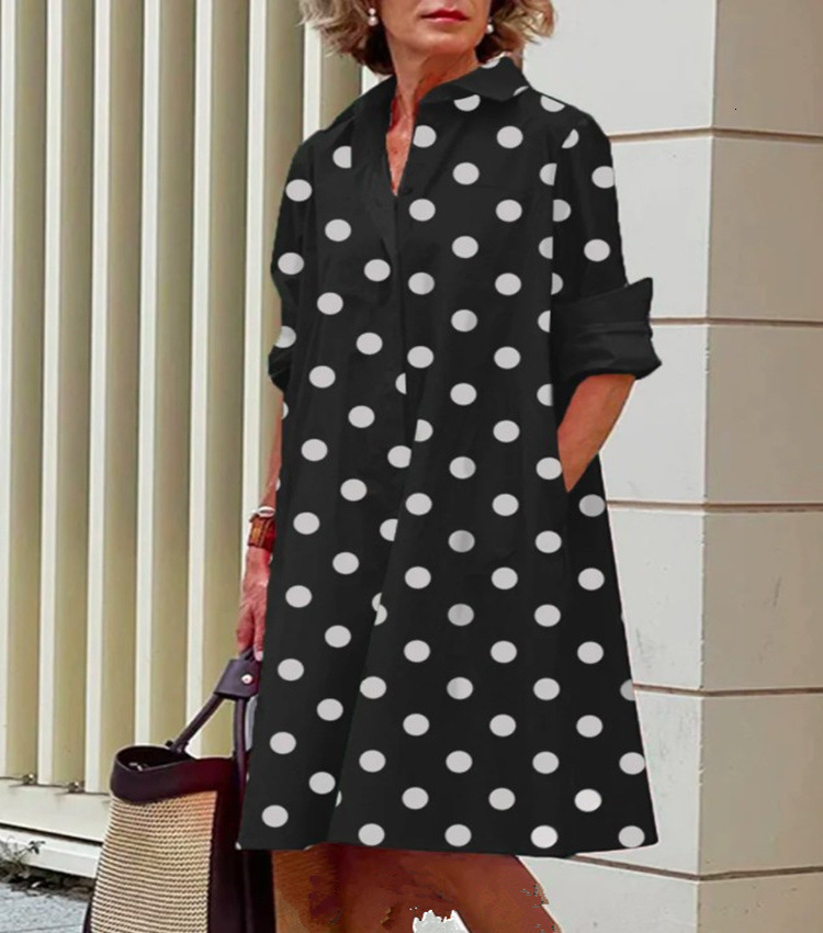 Autumn New Product Fashionable Temperament Wave Dot Printed Shirt Collar Long Sleeve Medium Length Dress