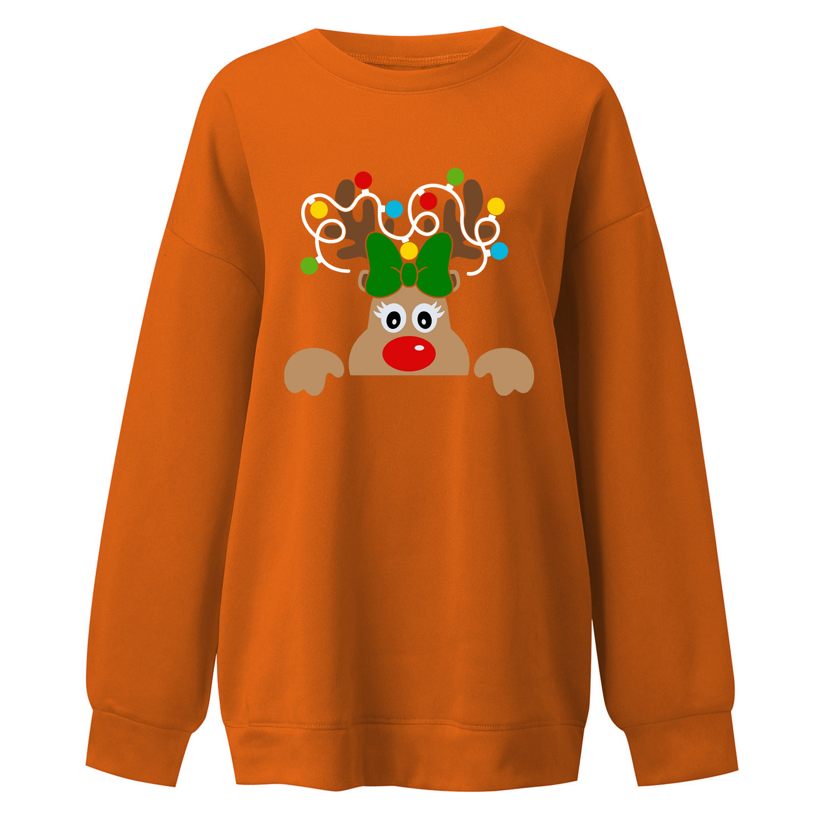 Elk Pattern Printed Women's Long Sleeve Large Size Fleece Falling Shoulder Rainbow Christmas Hoodie dongdumaoyi