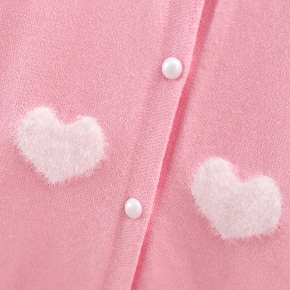 Girls heart-shaped printed round neck sweater cardigan childrens plush knitted long sleeved cardigan jacket girls clothingW240824
