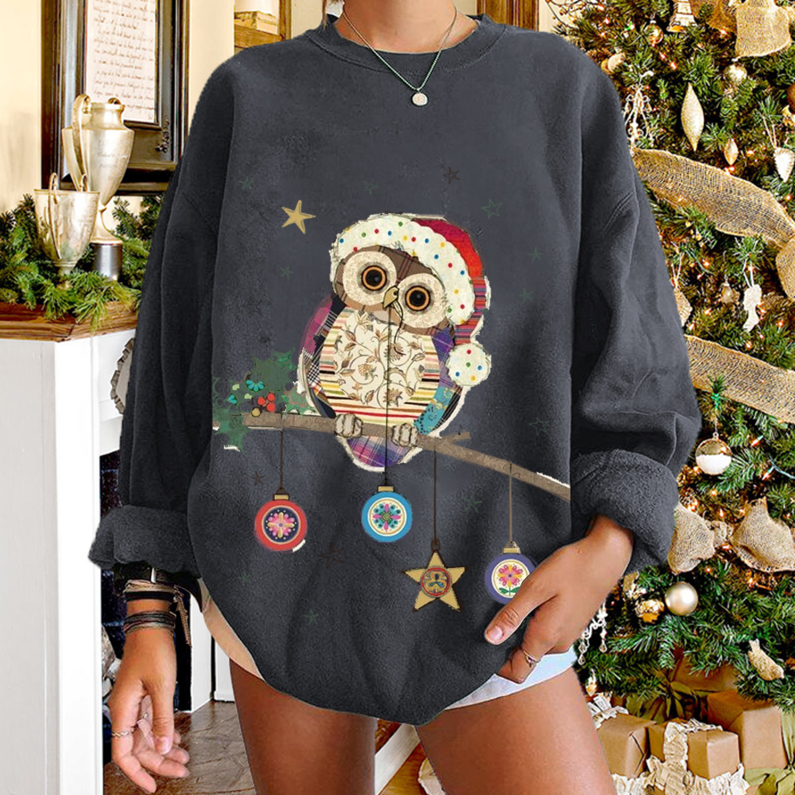 Owl Animal Ins Wind Printed Women's Falling Shoulder Large Round Neck Fleece Hoodie Women dongdumaoyi