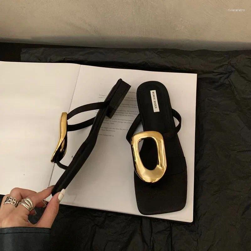 Sandals Golden Buckle Heeled Flip ps Woman Summer Elegant Square Toe Thong New Slipper Ladies Brand Design Evening Party Shoes ashoesfactory