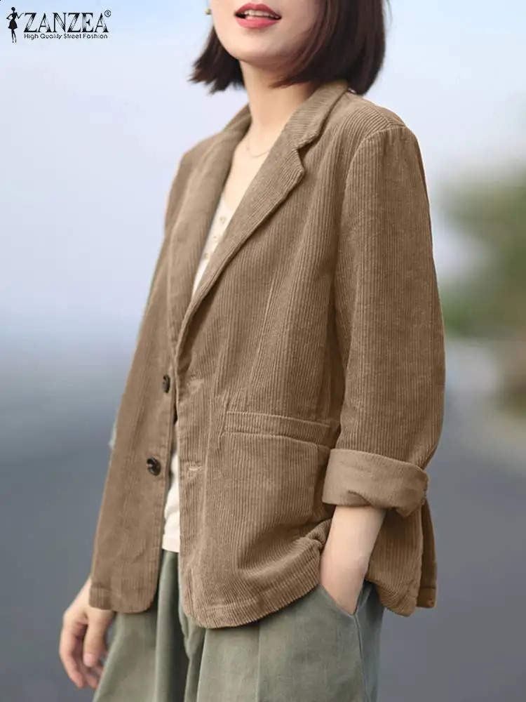 ZANZEA Vintage Corduroy Blazer Woman Long Sleeve Lapel Neck Suits Autumn Fashion Buttons Jackets Casual Pockets Outerwear 240826