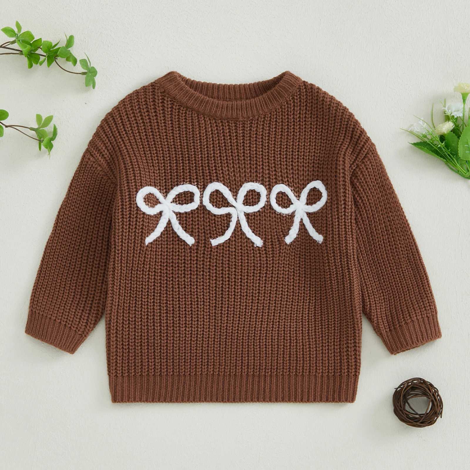 FOCUSNORM 4-color autumn and winter baby cute sweater bow embroidery warm knit long sleeved floral knit knittedW240824