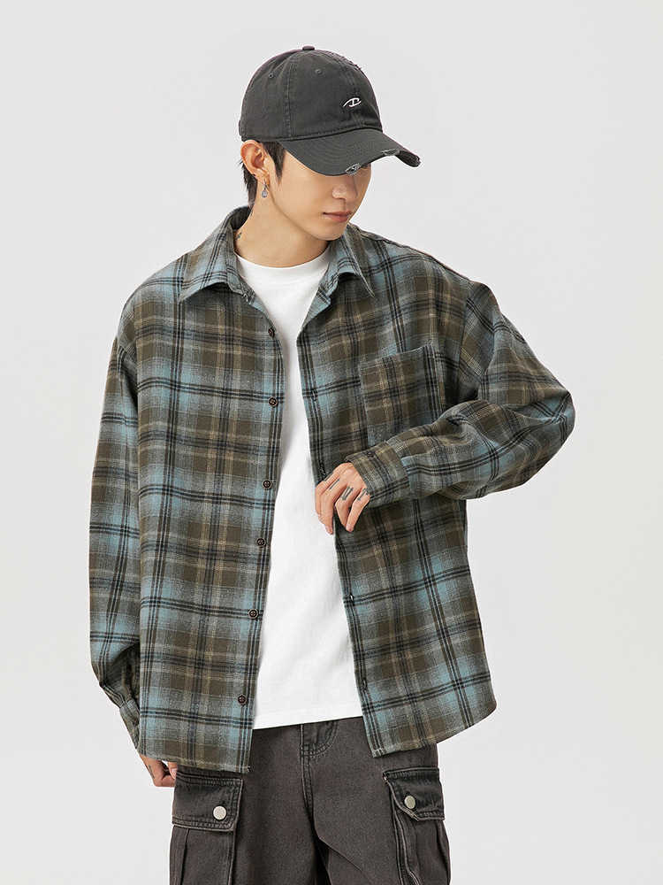 Vintage plaid shirt for men new fall lapel sticker bag design couple loose long-sleeved shirt coat for women Q240826