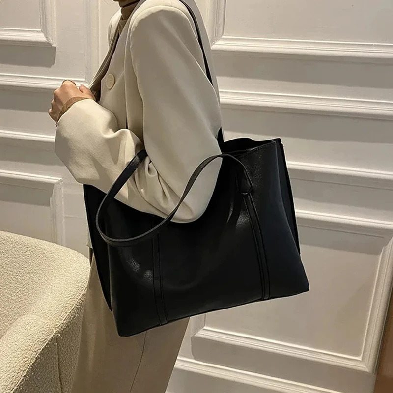 DHXJ 1PC black minimalist large capacity soft leather tote casual versatile shoulder bag 240826