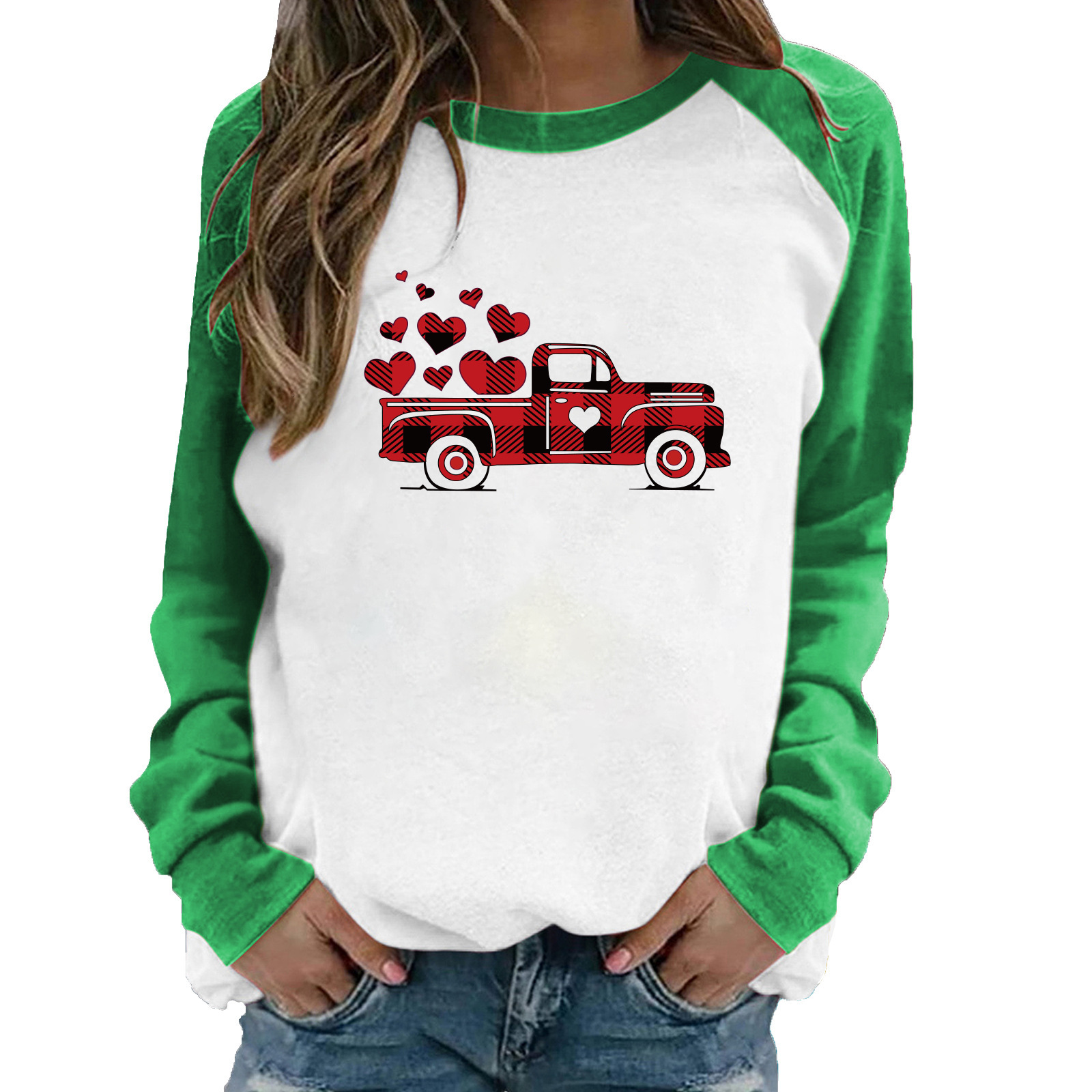 Autumn New Women's Top with Shoulder Insertion Valentine's Day Love Truck Long Sleeve T-shirt dongdumaoyi
