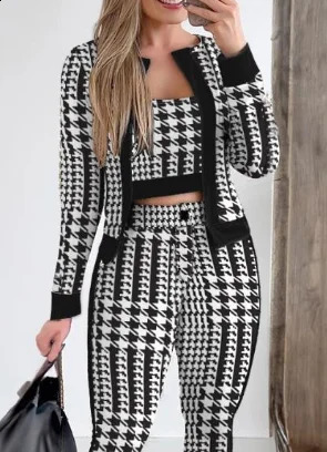 Two Piece Set Women Outfit Spring Fashion Plaid Print Contrast Paneled Open Front Long Sleeve Coat Elegant Skinny Pants Set 240826