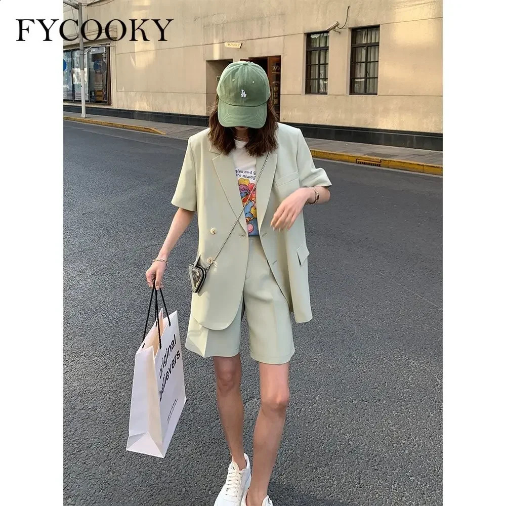 Korean Loose 2 Piece Women Short Set with Blazer Summer Thin Short-sleeved Blazers Shorts Casual Office Ladies Suits 240826