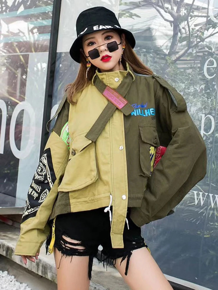 IEQJ Retro Splicing Letter Jacket Irregular Comparison Pocket Womens Short Coat Autumn Fashion 3WQ748 240826