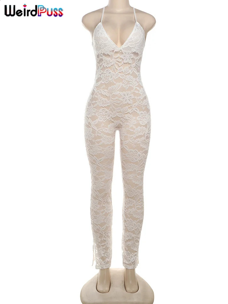 Weird Puss Cross Backless Jumpsuit Women Sexy See Thorough vNeck Sleeveless Summer Coquette Stretch Activity Workout Overalls 240823