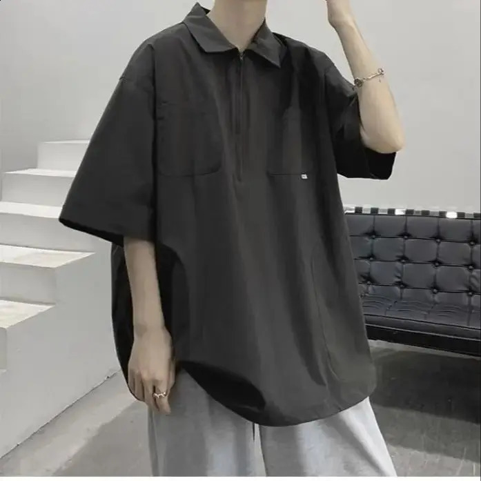 Japanese Half - Zipper Polo Shirt Mens Summer Lapel Short Sleeve t-shirt Trendy Loose Peplum Shirt Outdoor 240824