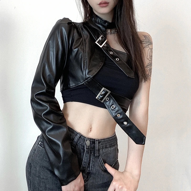 Womens Fashion Punk Style Crop Top Cool Single Sleeve Collar Hanger Belt Connection Top 240827