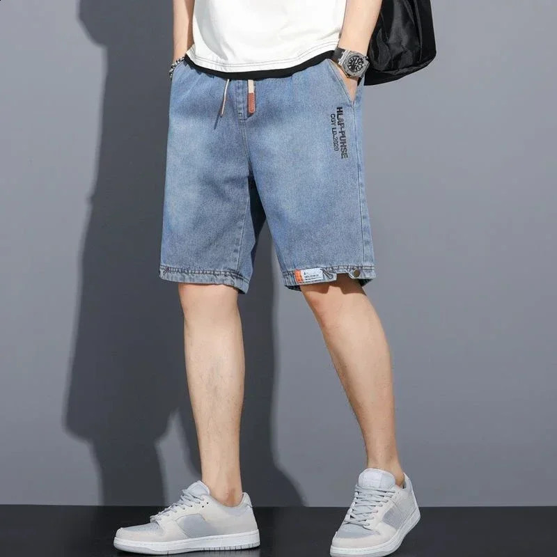 Male Denim Shorts Drawstring Graphic With Text Xl Mens Short Jeans Pants Trend 2024 Korean Style Cowboy Jorts Sale Cut 240824
