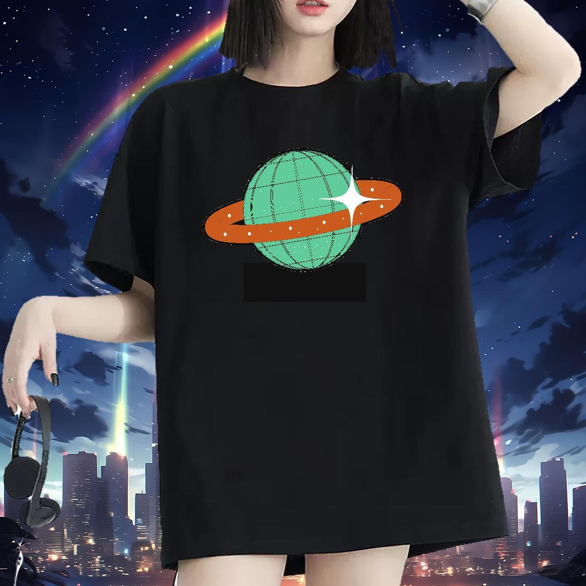 Free Shipping Women Tees 230g 100% Cotton universe Street T-Shirts for Women Breathable Soft Cartoon Printing L-4XL Top Shirts
