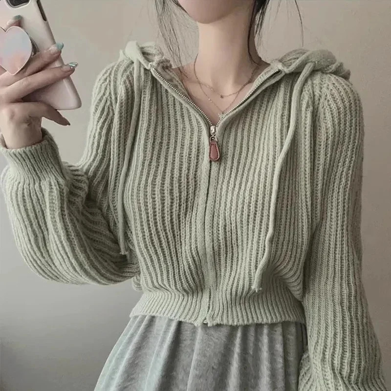 Womens long sleeved sweater Korean casual jacket fashionable zipper cardigan Knitted top hooded 240826