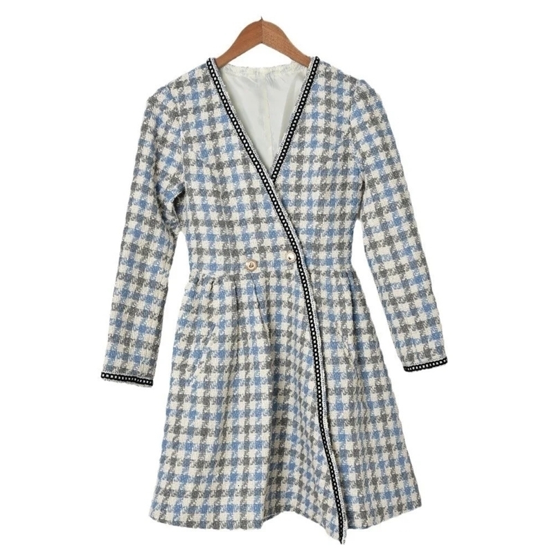 Clearance Price Women T V-Neck Long Sleeve A-Line Mini Dress Plaid Tweed Robe with Pockets 240824