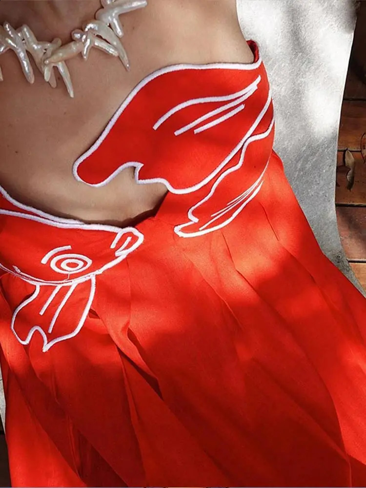 Summer Chic Red Fish Top Party Maxi Dress For Women Sexy Sling High Waist Ceremony Robe 2024 Holiday Lady Street Vestidos 240815