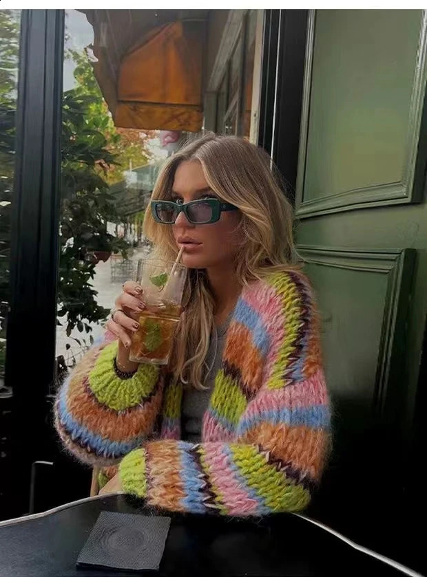 striped long sleeved rainbow plaid heavy handmade versatile cardigan sweater knitted sweater 240824