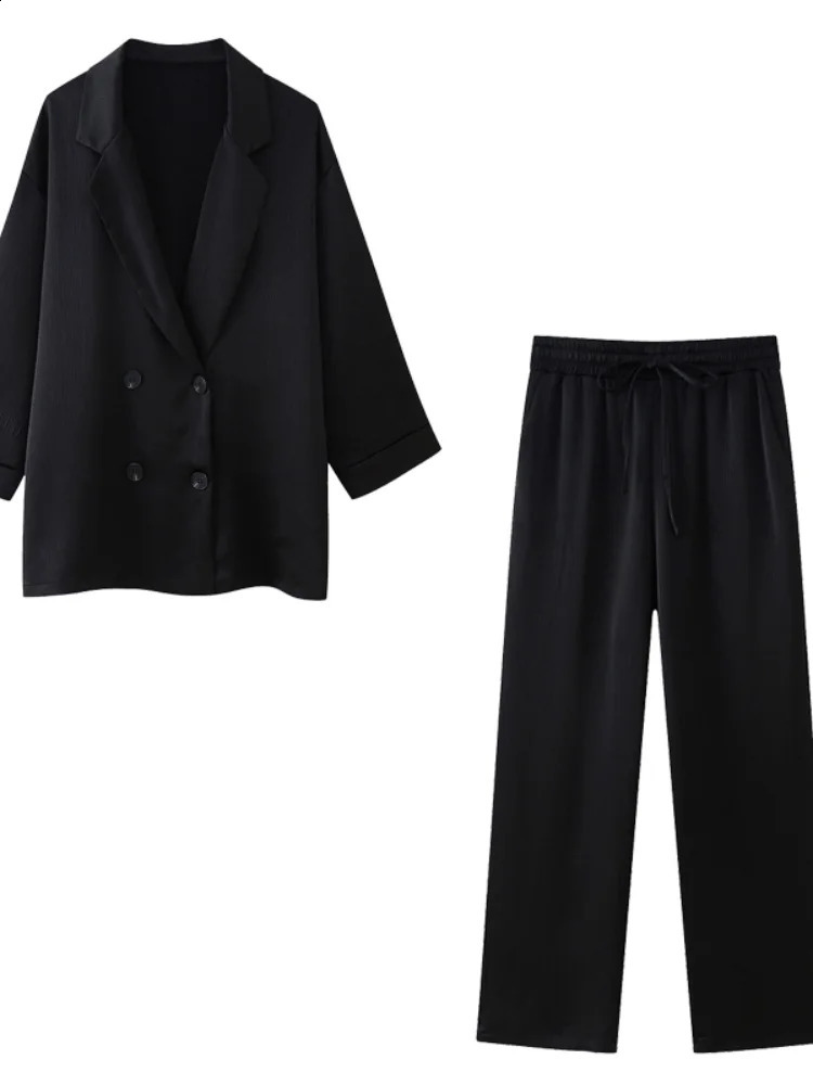 Elegant Double Breasted Blazer Suit Women Satin Turndown Collar Long Sleeve Trousers Sets Female Summer Fashion Lady Set 240826