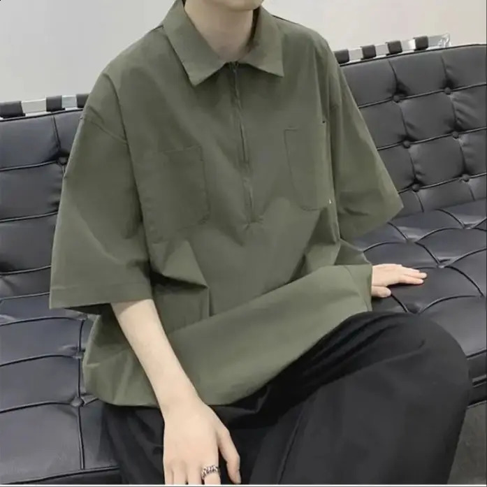 Japanese Half - Zipper Polo Shirt Mens Summer Lapel Short Sleeve t-shirt Trendy Loose Peplum Shirt Outdoor 240824