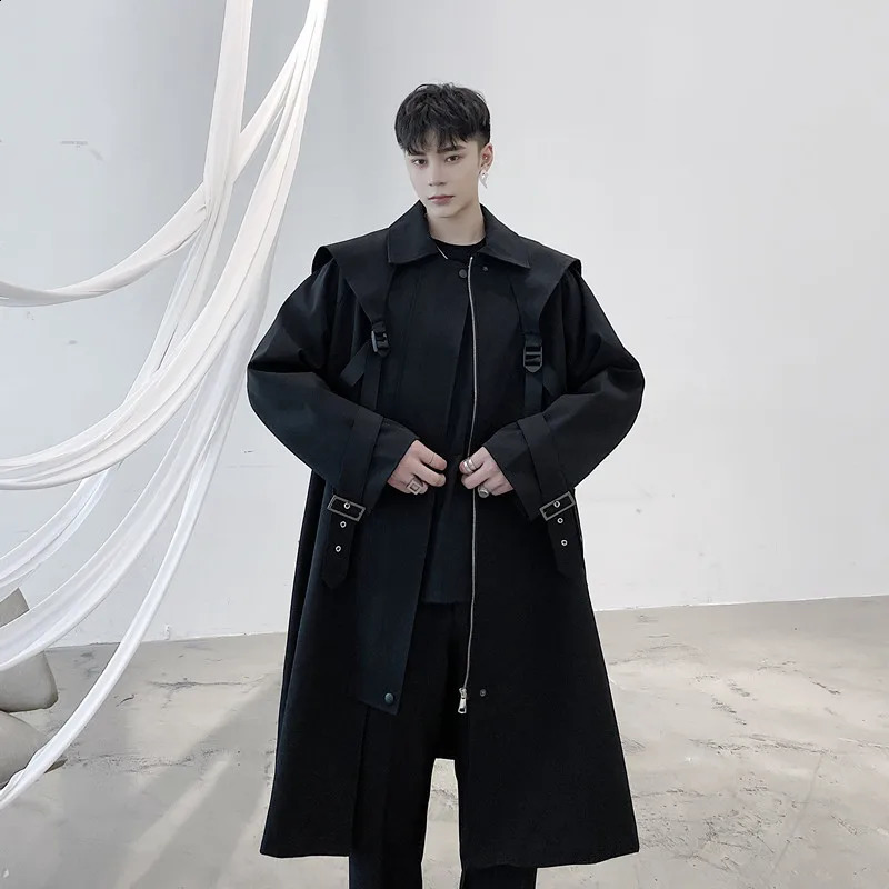 Men Functional Style Strap Casual Loose Trench Coat Male Japan Harajuku Streetwear Long Trench Jacket Windbreaker Outerwear 240826