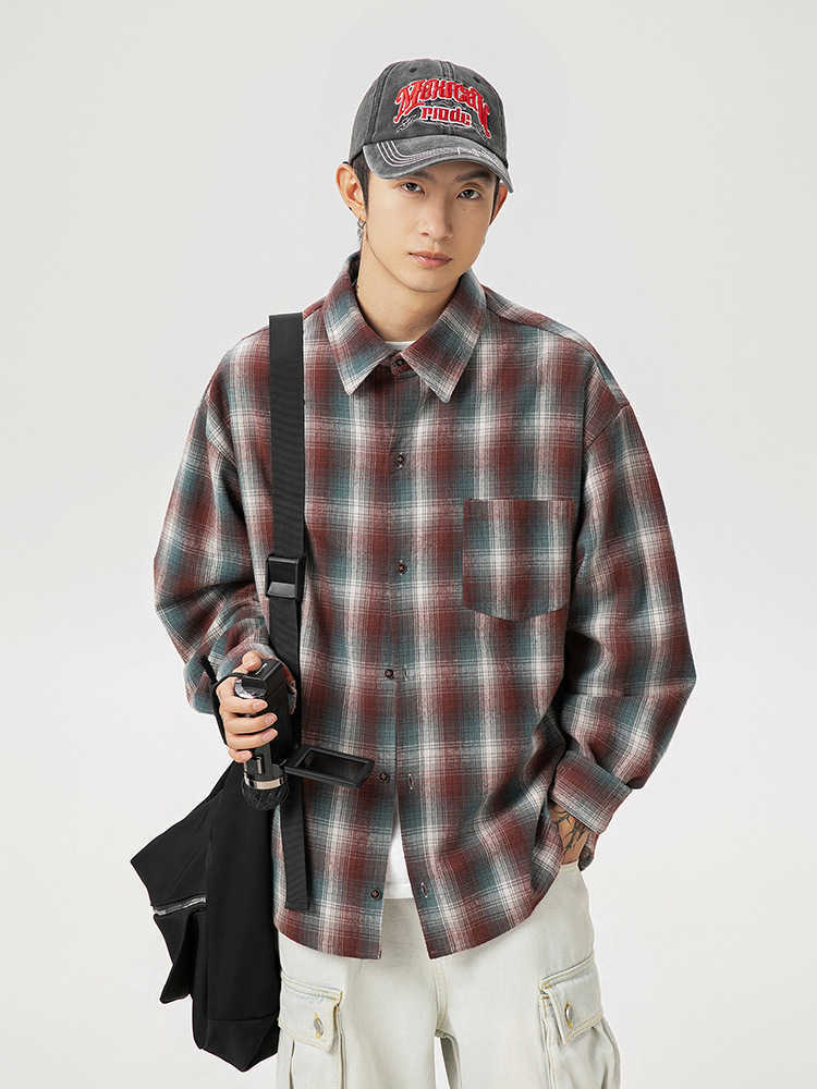 Vintage plaid shirt for men new fall lapel sticker bag design couple loose long-sleeved shirt coat for women Q240826