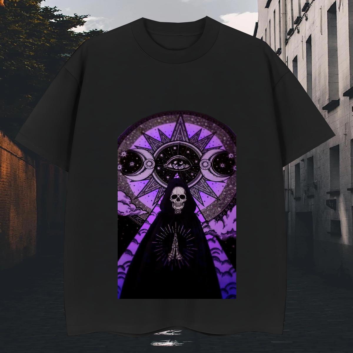 Loose T Shirts Men 100% Cotton 230g skull Street DIY Printed Round Neck Short Sleeve Men Tshirts 2024 Tops