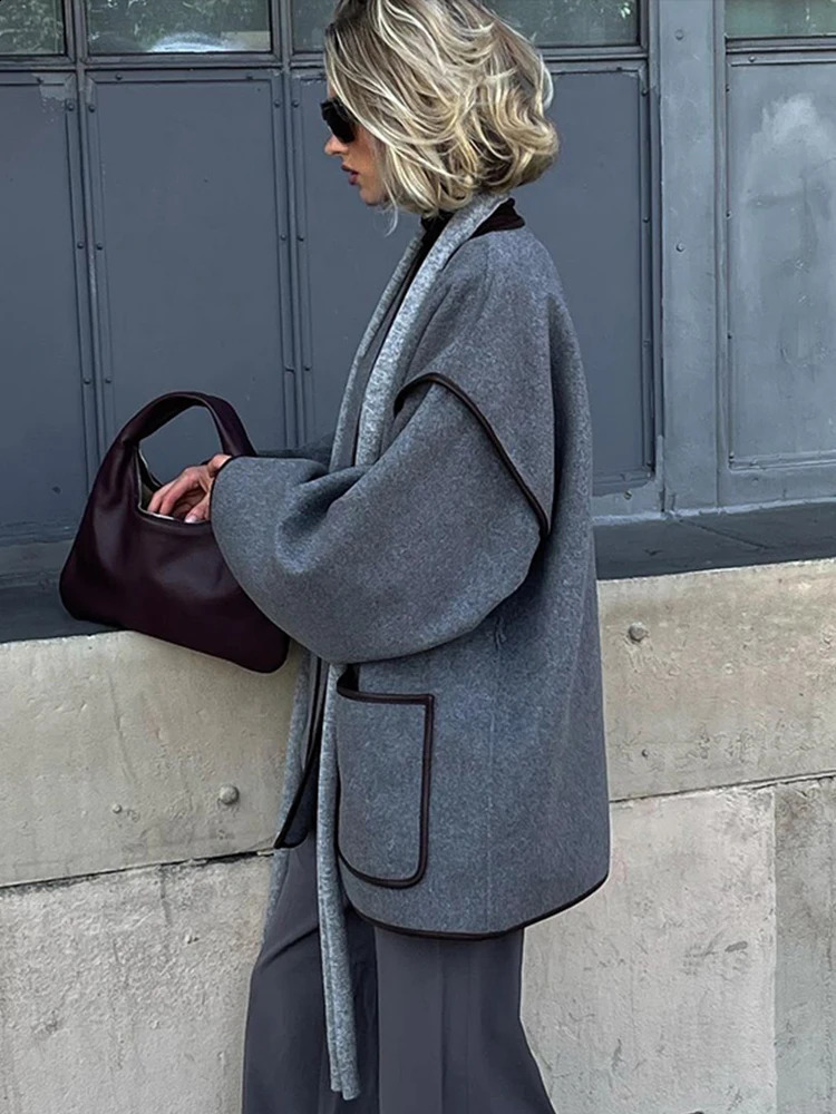 Vintage Grey Womens Coat with Belt Casual Loose Vneck Cardigan Jackets Fashion Windproof Women Coats Solid Color Jacket y240903