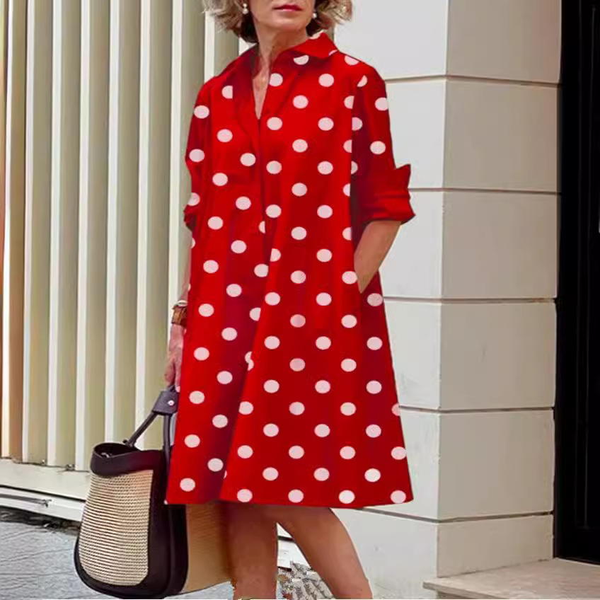 Autumn New Product Fashionable Temperament Wave Dot Printed Shirt Collar Long Sleeve Medium Length Dress