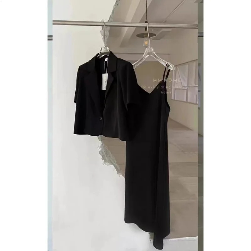 Womens Dress Suits Office Grey Blazers Short Coat Short Sleeve Jacket Sexy Camisole Dress Bodycon Two Piece Sets Lady Outifits 240826