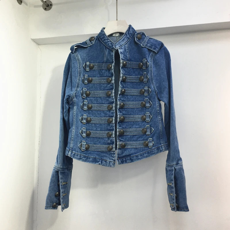 Retro military style handsome stand collar denim jackets female double-breasted old wild slim short denim jackets outerwear F368 240824