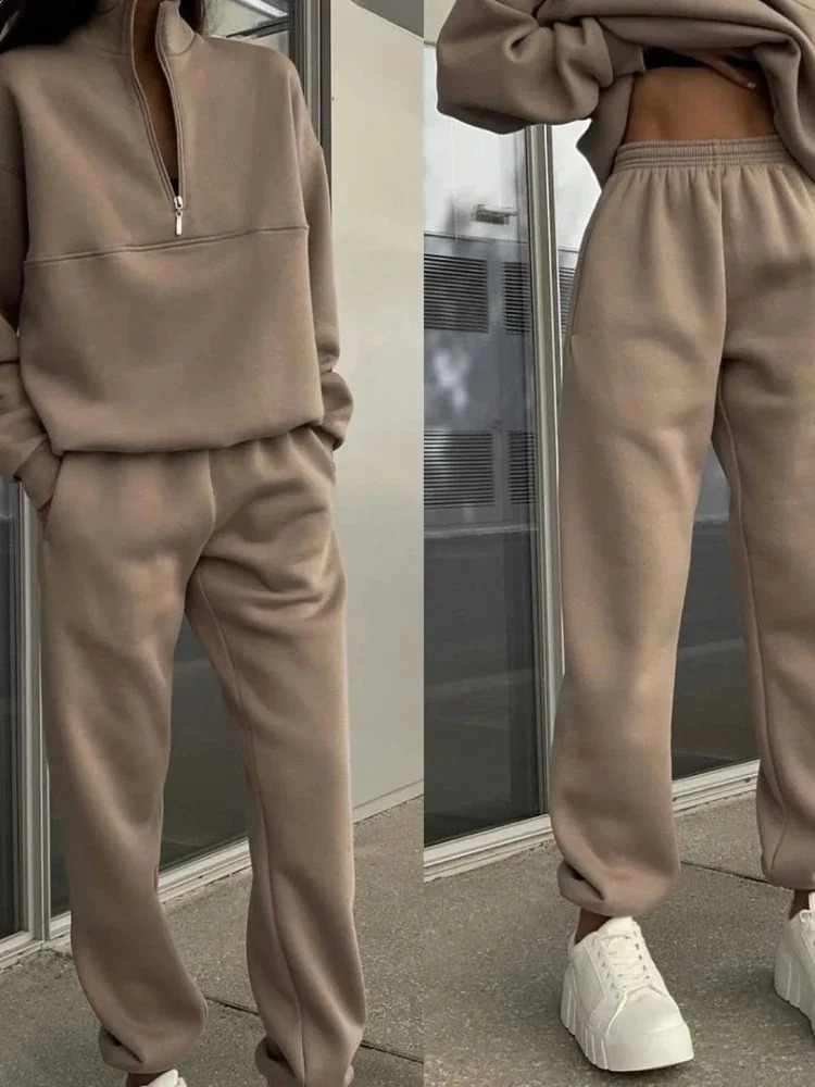 Casual Long Sleeve Sweatshirts and Trousers Fleece Two Piece Sets Lady Suit Womens Tracksuit Autumn Warm Hoodie 240826