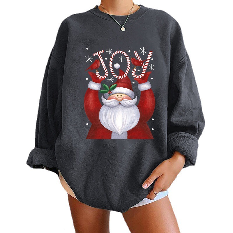 New JOY letter Santa Claus printed on women's shoulders, oversized round neck fleece hoodie for women dongdumaoyi