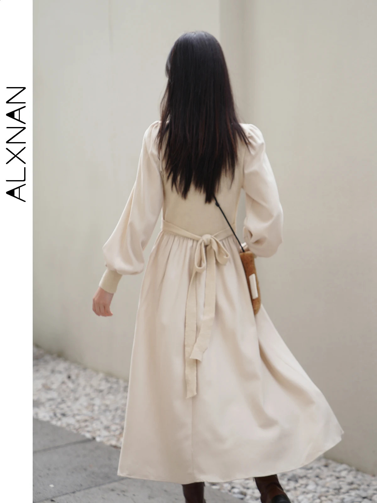 ALXNAN Vneck Almond Aline Dress for Women AutumnWinter French High Waist Long Sleeve Midi LXN2227 240824