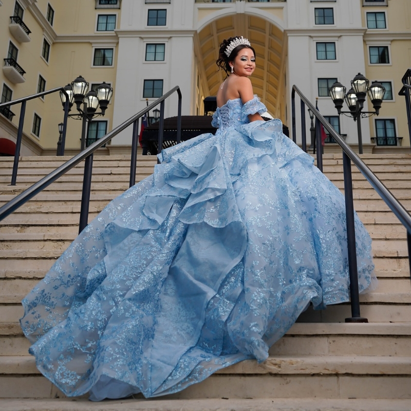 Sky Blue Shiny Quinceanera Dresses Off The Shoulder Sequin Lace Applique Beading Tull Mexican Sweet 16 Vestidos De XV 15 Anos