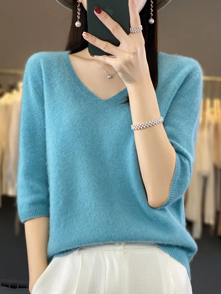 Aliselect short sleeved womens knitted sweater 100% pure Merino wool cashmere spring fashion Vneck top with floral clothing 240826