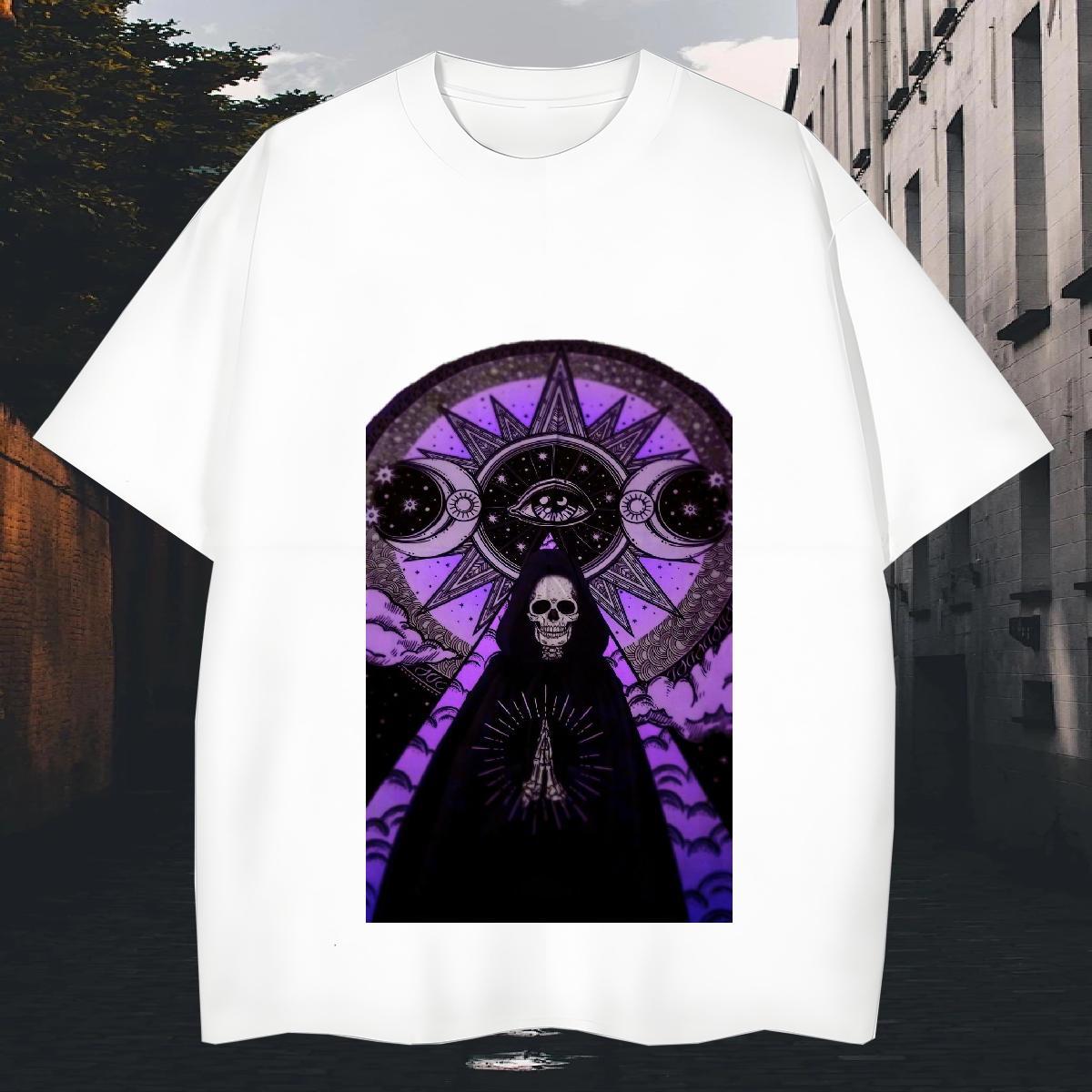 Loose T Shirts Men 100% Cotton 230g skull Street DIY Printed Round Neck Short Sleeve Men Tshirts 2024 Tops