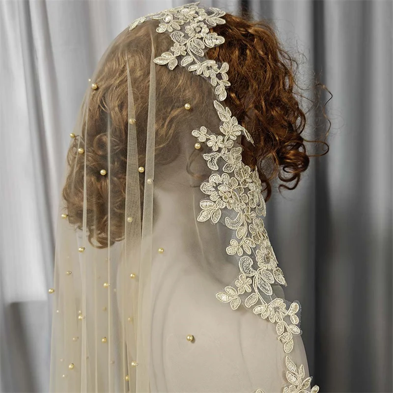 Mantilla Pearls Wedding Veil with Hidden Comb 3m Lace Appliques Bridal Veil Mantilla Veil Wedding Accessories Custom Made