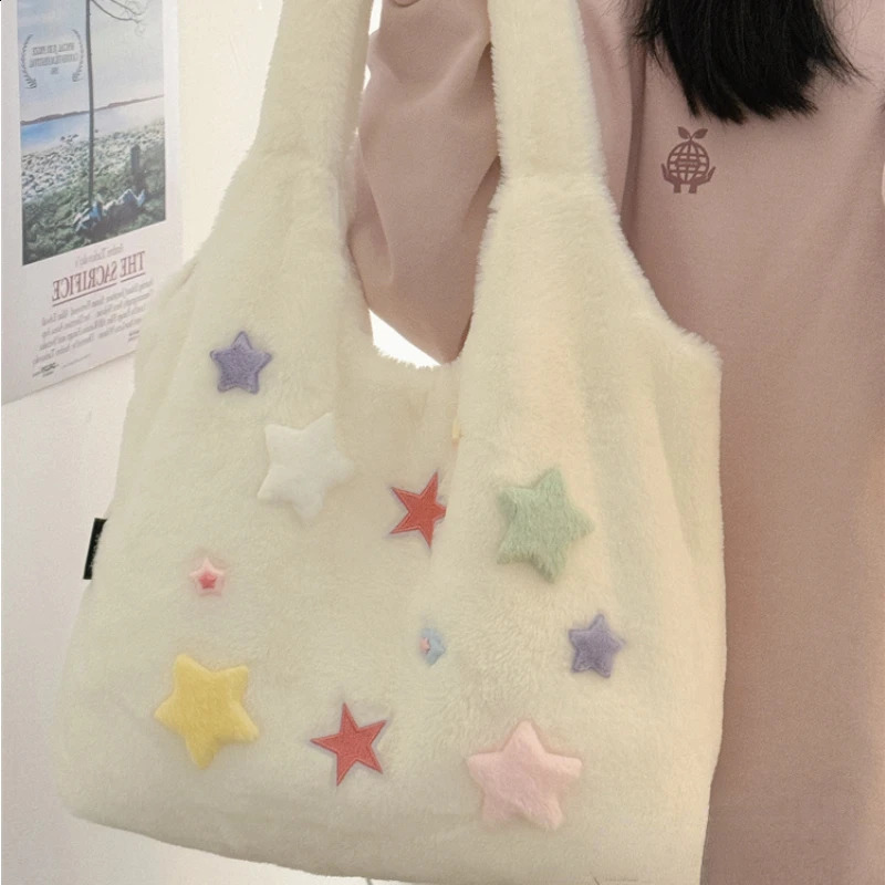 Furry Colored Star Women Kawaii Cute Shoulder Bags Korean Preppy Sweet Y2k Aesthetic Handbags Casual Fashion Chic Underarm Bag 240824