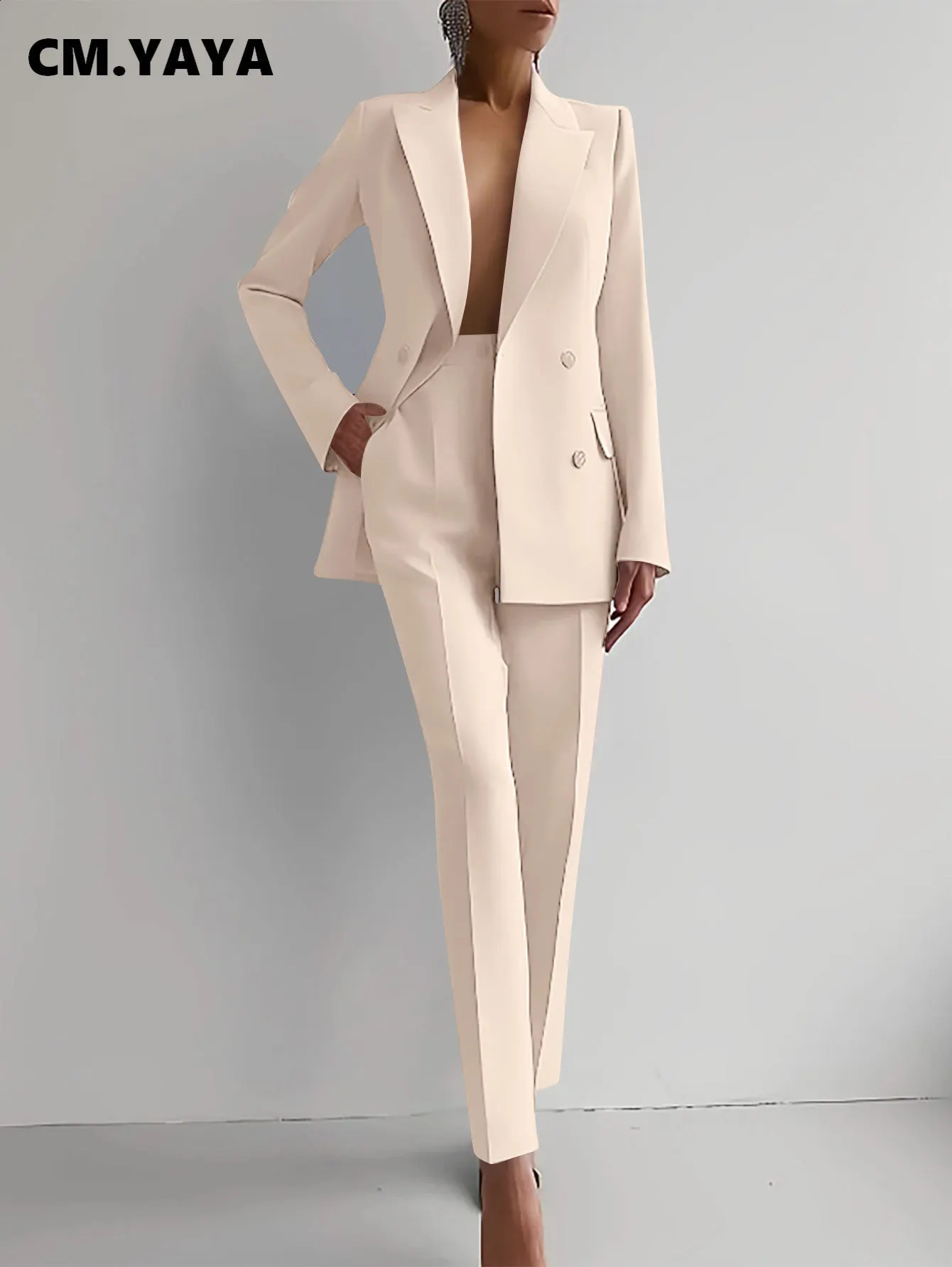 CM.YAYA Elegant Blazer Suit and Wide Leg Pants Two 2 Piece Sets Outfits Women Classic OL Work Street Outfit Tracksuit 240826