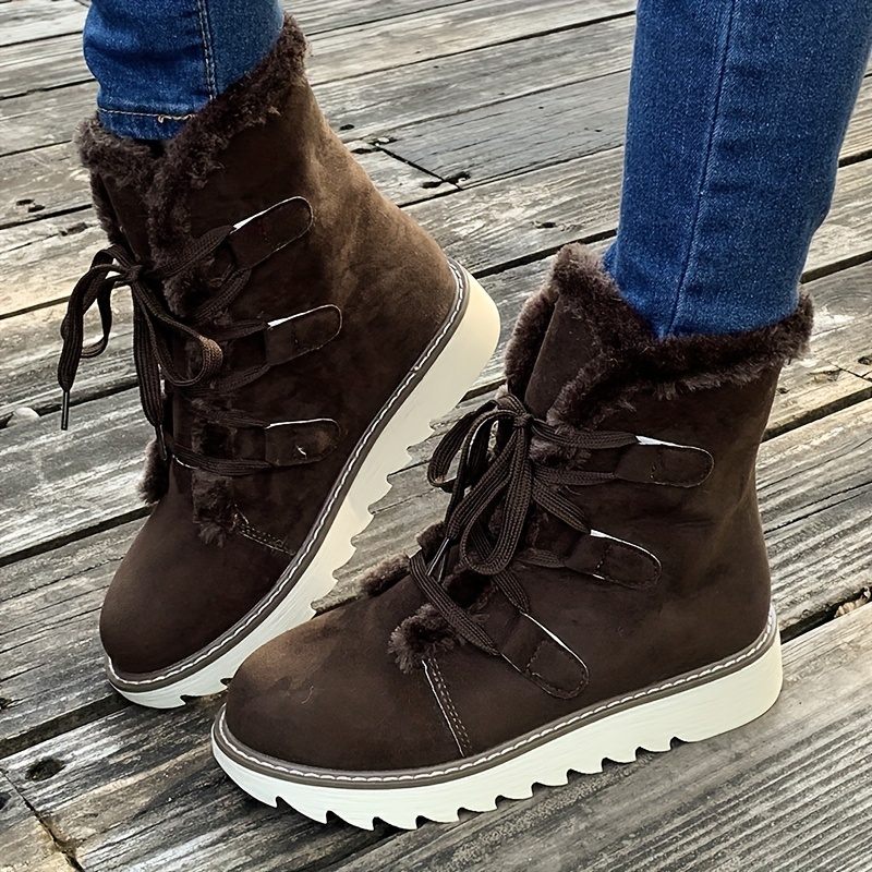 Women's Plush Lined Snow Boots, Solid Color Lace Up Outdoor Anti-Slip Boots, Winter Thermal Outdoor Mid Calf Boots