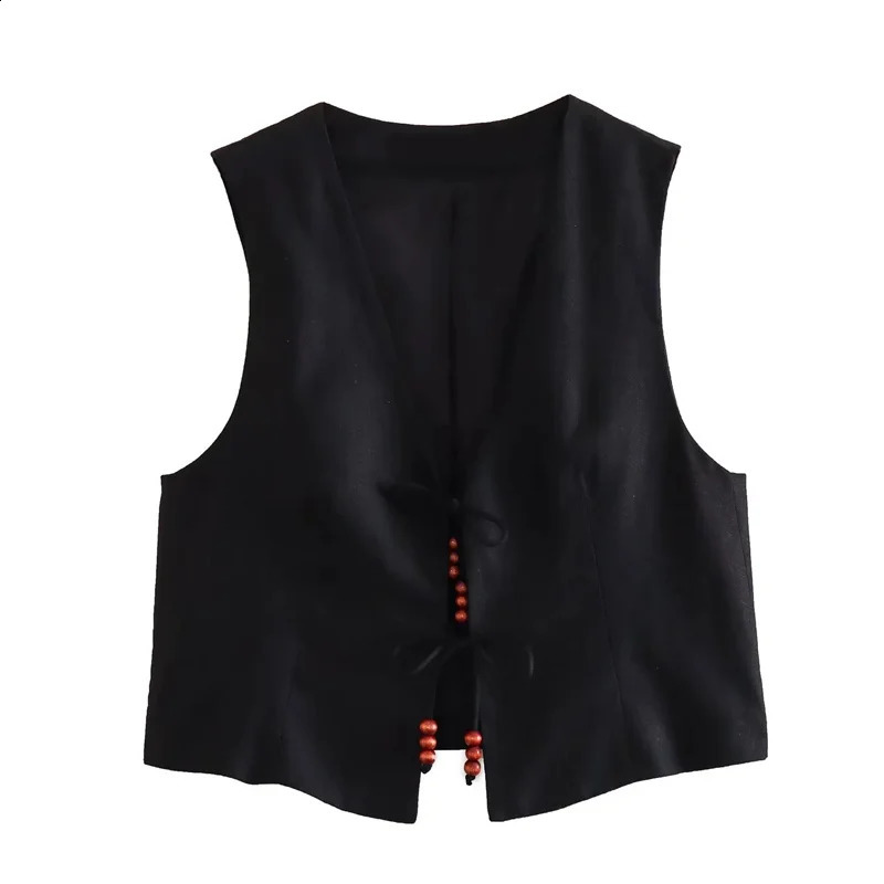 TRAF 2024 Black Cropped Vest Women Jacket Beading Tied Sleeveless Woman Fashion V Neck Summer Short Coats Waistcoat 240826