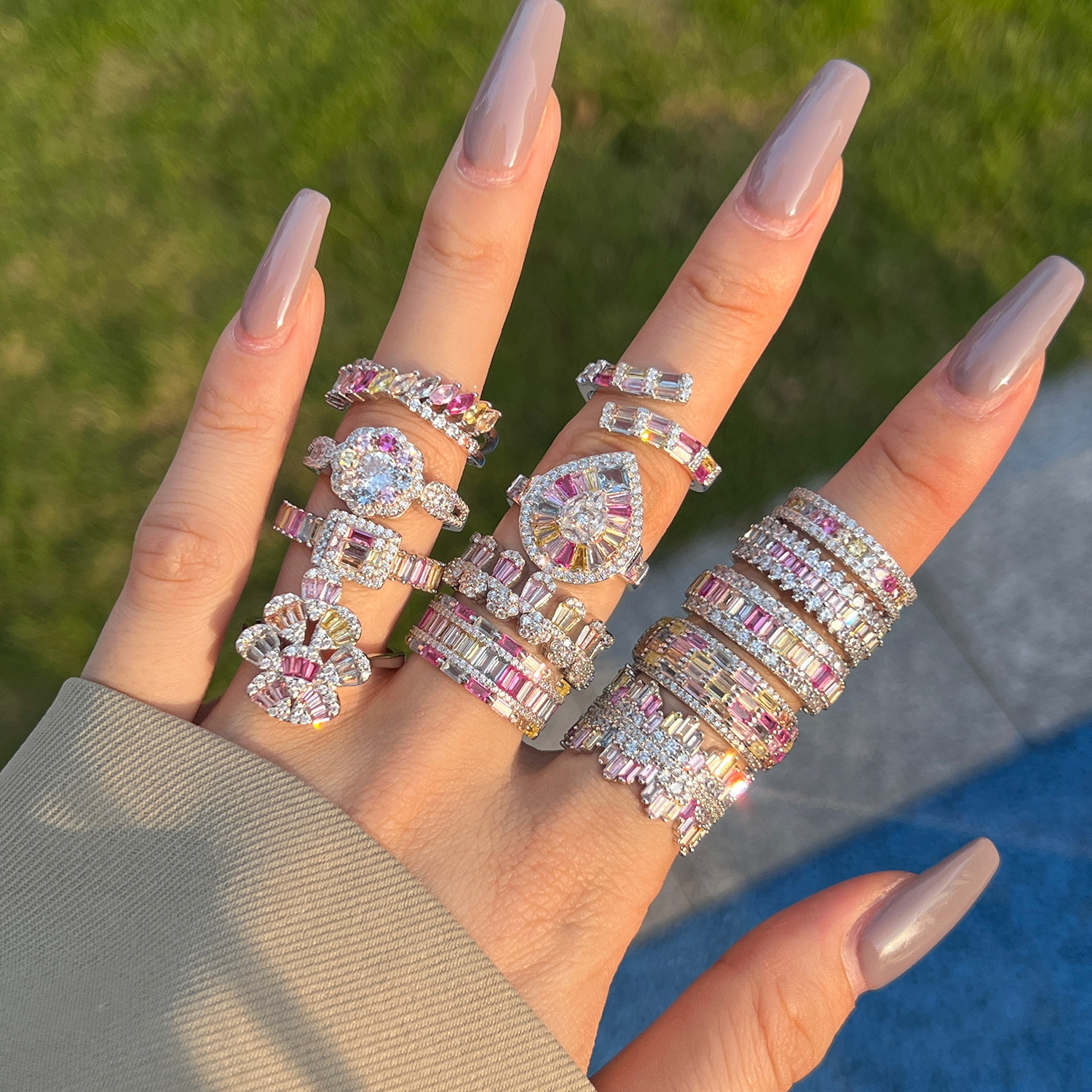 Japanese Korean Light New S Pure Sier Ring Colored Zirconia Inlaid Sweet and Beautiful Color Series Geometric Design Women's Handicraft