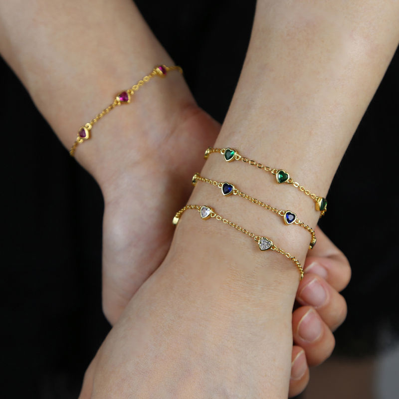 High Quality Red Green Blue White Cubic Zirconia Paved Heart Charm Bg CZ Tennis Chain Colorful Jewelry for Women