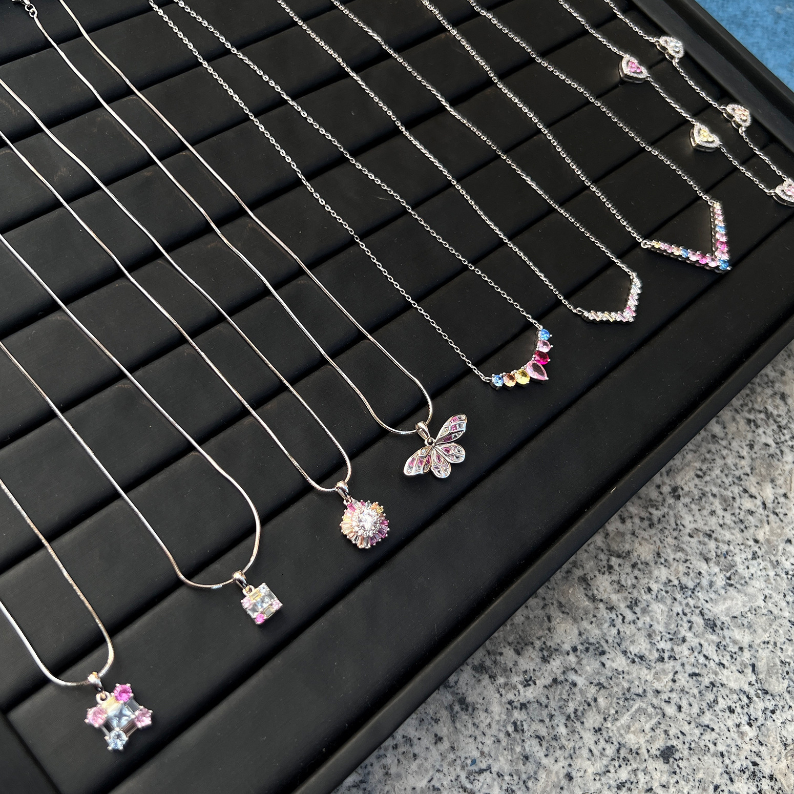 Japanese and Korean new S pure sier women's collarbone chain color zirconium inlaid geometric love sun butterfly pendant female decoration
