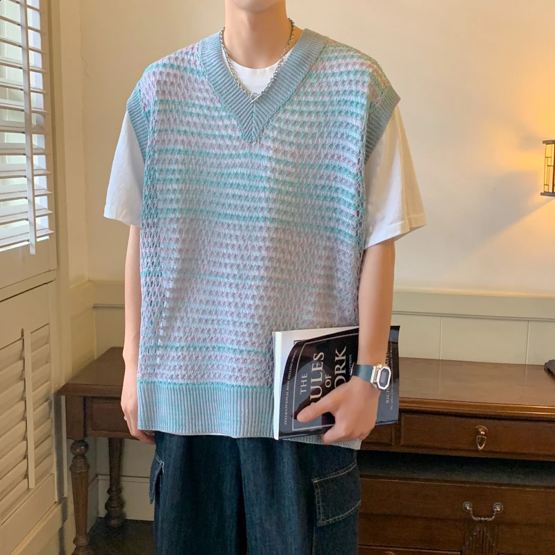 Sweater Vest Men Japanese Style Retro Couples All-match Thin Summer Fashion Loose V-neck Male Clothing Basic High Street Gothic 240824