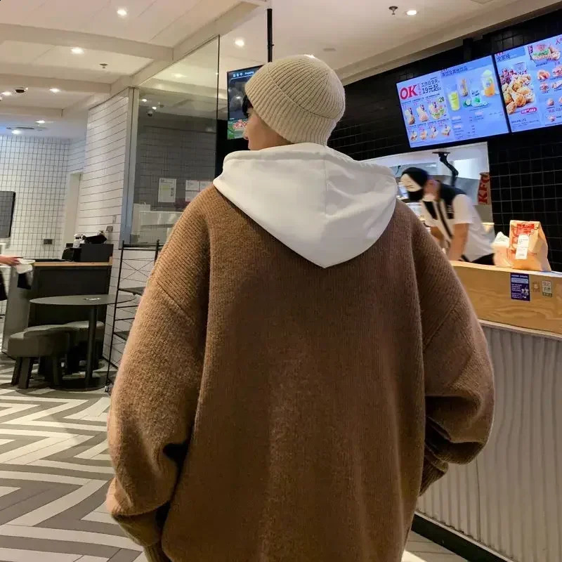 Mens clothing icon cardigan sweater mens Vneck brown pocket fit Korean autumn top 240826