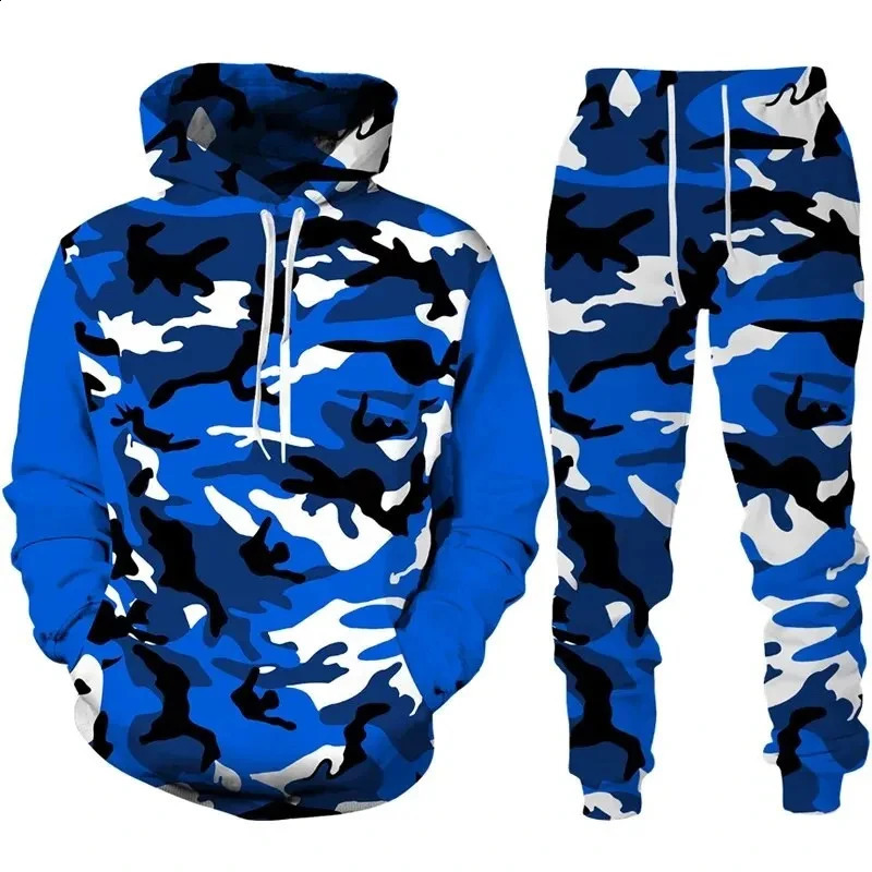 2024 camouflage hooded pants set 3D printed casual mens high-quality track and field suit set fashion mens clothing 2-piece set 240824