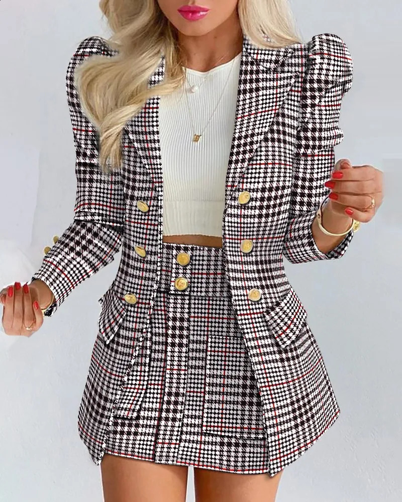 Womens Elegant Plaid Print Blazers Skirt Two Piece Set Spring Summer Fashion Long Sleeve Coat And Skirt Sets Office Ladies Suit 240826